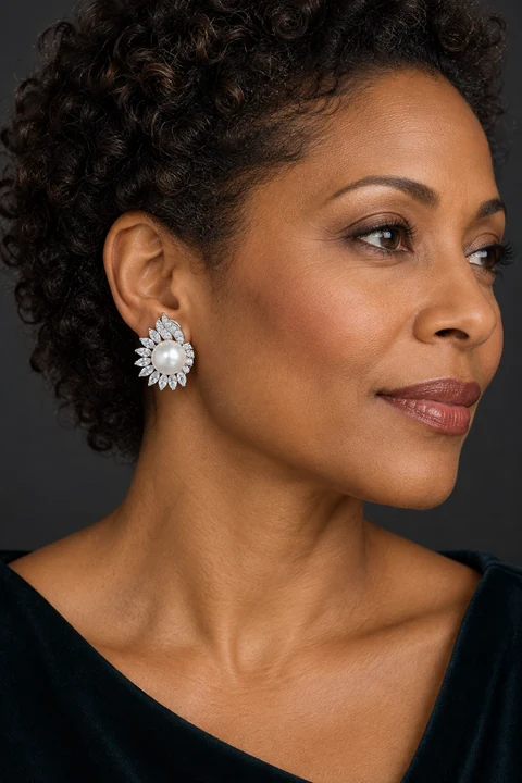 The Clarisse Nocturne White Earrings worn on a model — AI-generated styling preview