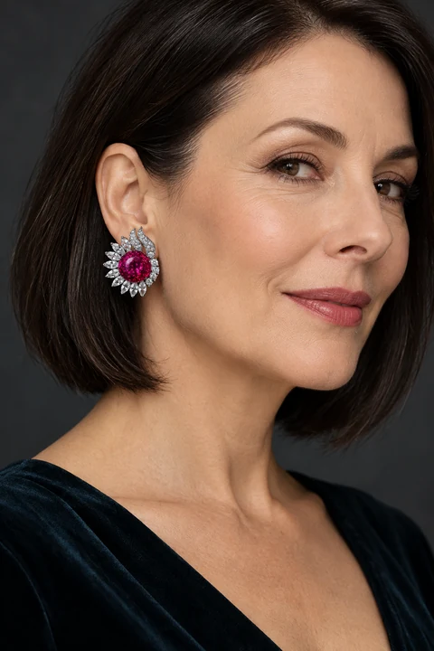 The Clarisse Nocturne Red Earrings worn on a model — AI-generated styling preview