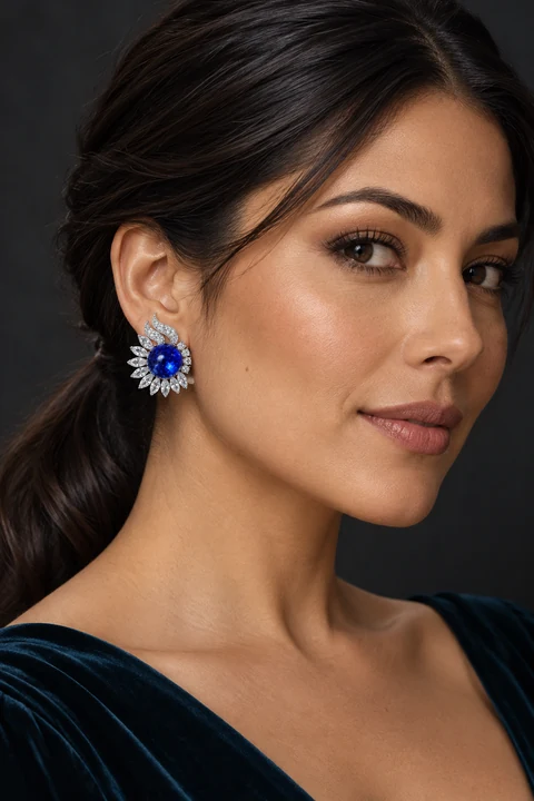 The Clarisse Nocturne Blue Earrings worn on a model — AI-generated styling preview