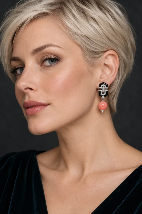 The Véronique Sonnet Earrings worn on a model — AI-generated styling preview