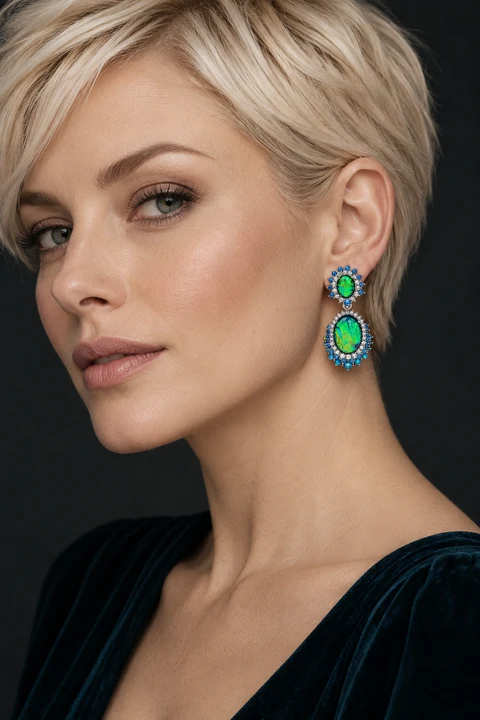 The Maëlle Fleur Blue Earrings worn on a model — AI-generated styling preview