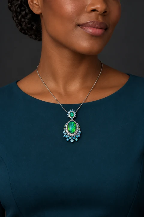 The Maëlle Fleur Blue Necklace worn on a model — AI-generated styling preview