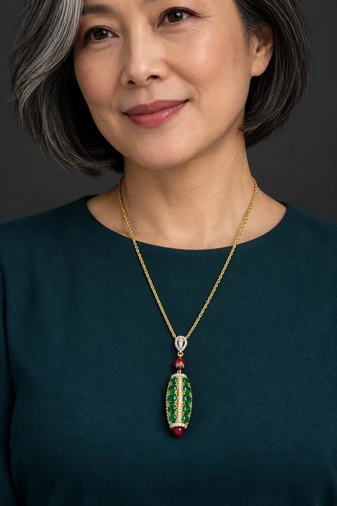 The Virginie Promenade Green Necklace worn on a model — AI-generated styling preview