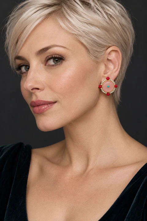 The Solange Fable Pink Earrings worn on a model — AI-generated styling preview