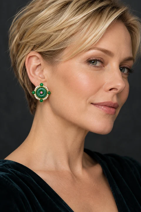 The Solange Fable Green Earrings worn on a model — AI-generated styling preview
