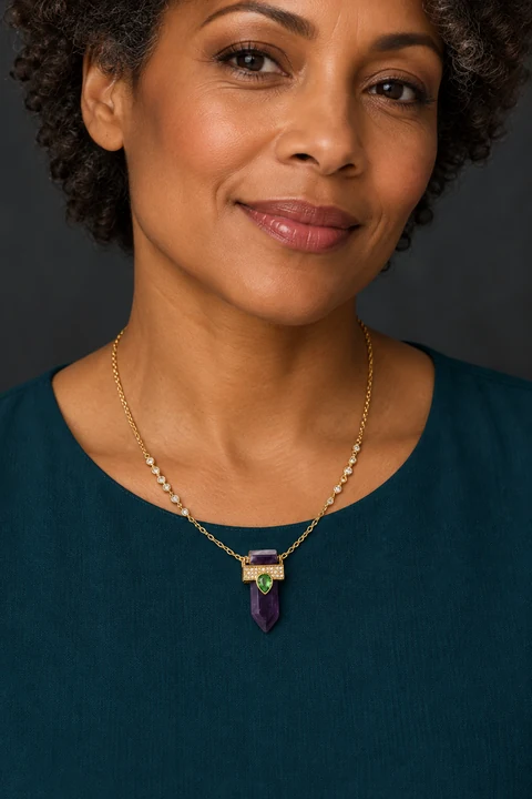 The Laure Fable Necklace worn on a model — AI-generated styling preview