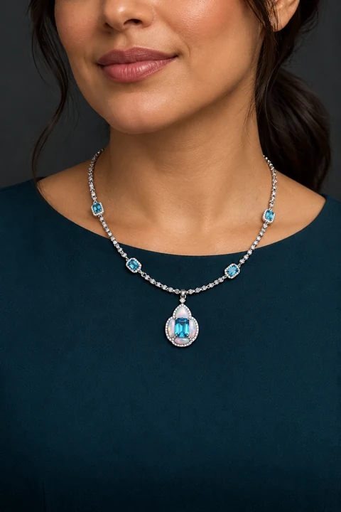 The Simone Fleur Necklace worn on a model — AI-generated styling preview