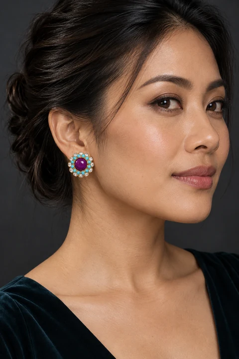 The Clarisse Romance Violet Earrings worn on a model — AI-generated styling preview